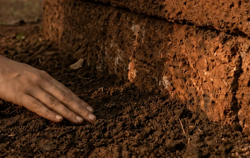 A hand resting on a bare laterite stone wall